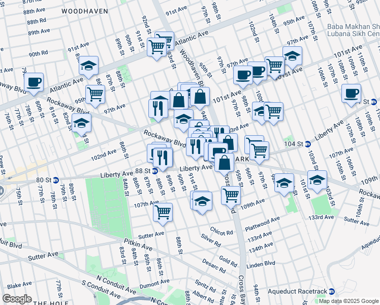 map of restaurants, bars, coffee shops, grocery stores, and more near 91-23 Rockaway Boulevard in Queens