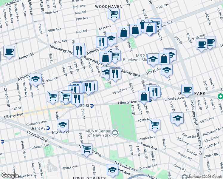 map of restaurants, bars, coffee shops, grocery stores, and more near 83-18 101st Avenue in Queens