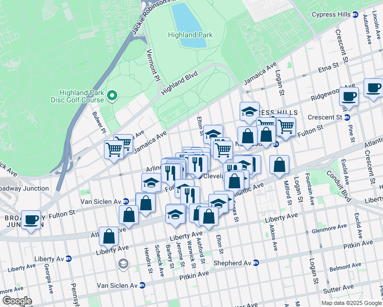 map of restaurants, bars, coffee shops, grocery stores, and more near 94 Elton Street in Brooklyn