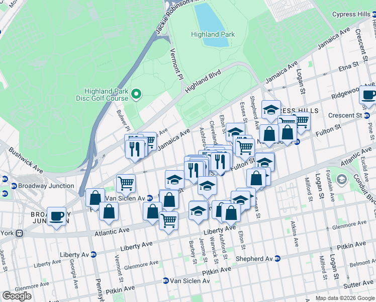 map of restaurants, bars, coffee shops, grocery stores, and more near 29 Jerome Street in Brooklyn