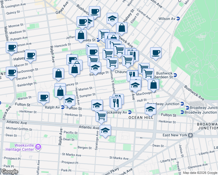map of restaurants, bars, coffee shops, grocery stores, and more near 341 Marion Street in Brooklyn