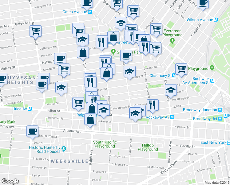 map of restaurants, bars, coffee shops, grocery stores, and more near 346A Chauncey Street in Brooklyn