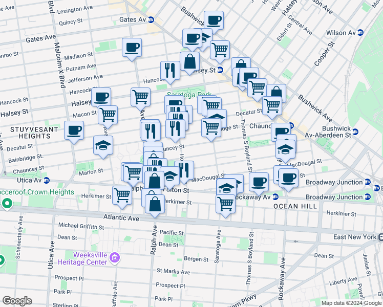 map of restaurants, bars, coffee shops, grocery stores, and more near 346A Chauncey Street in Brooklyn