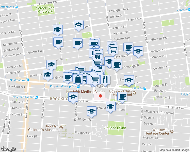 map of restaurants, bars, coffee shops, grocery stores, and more near 460 Marcus Garvey Boulevard in Brooklyn