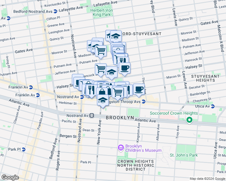 map of restaurants, bars, coffee shops, grocery stores, and more near 138 Macon Street in Brooklyn