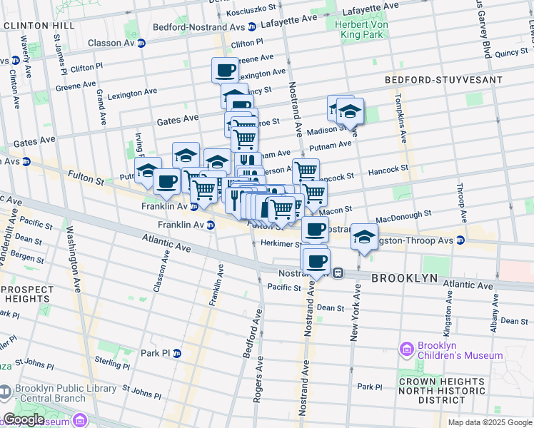 map of restaurants, bars, coffee shops, grocery stores, and more near 1225 Fulton Street in Brooklyn