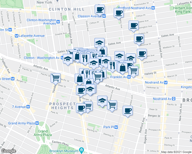 map of restaurants, bars, coffee shops, grocery stores, and more near 73 Lefferts Place in Brooklyn