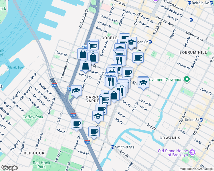 map of restaurants, bars, coffee shops, grocery stores, and more near 423 Clinton Street in Brooklyn