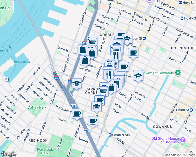 map of restaurants, bars, coffee shops, grocery stores, and more near 423 Clinton Street in Brooklyn