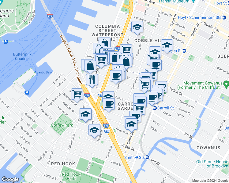 map of restaurants, bars, coffee shops, grocery stores, and more near 166 Summit Street in Brooklyn