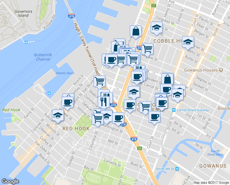 map of restaurants, bars, coffee shops, grocery stores, and more near 8 Woodhull Street in Brooklyn
