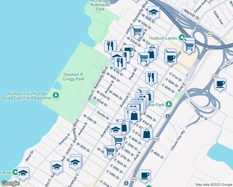 map of restaurants, bars, coffee shops, grocery stores, and more near 98 West 45th Street in Bayonne