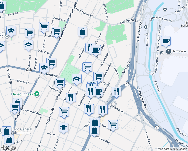 map of restaurants, bars, coffee shops, grocery stores, and more near 923 Adams Avenue in Elizabeth