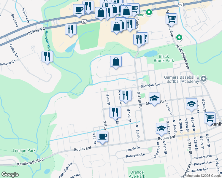 map of restaurants, bars, coffee shops, grocery stores, and more near 30 Lafayette Place in Kenilworth