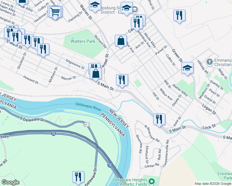 map of restaurants, bars, coffee shops, grocery stores, and more near 779 South Main Street in Phillipsburg