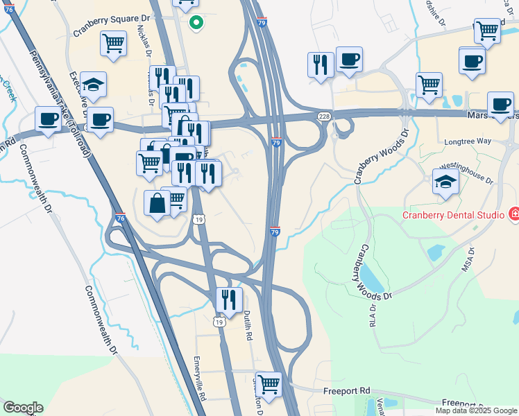 map of restaurants, bars, coffee shops, grocery stores, and more near 1267 Norberry Court in Cranberry Township