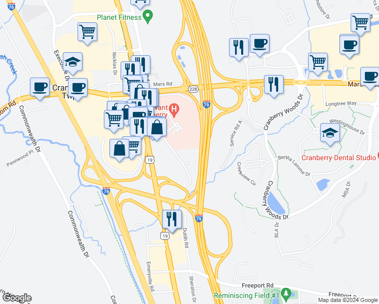 map of restaurants, bars, coffee shops, grocery stores, and more near 1267 Norberry Court in Cranberry Township