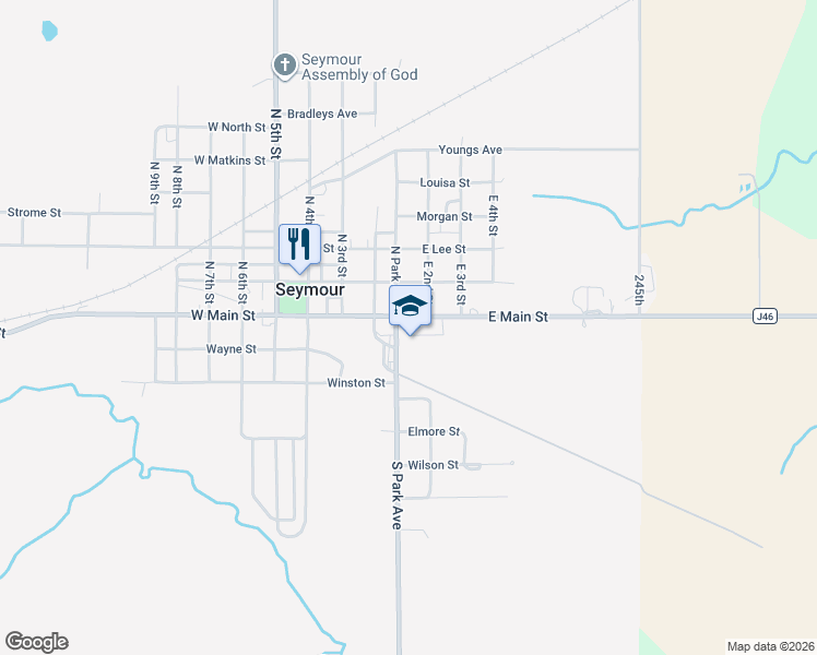 map of restaurants, bars, coffee shops, grocery stores, and more near 101-199 East Main Street in Seymour