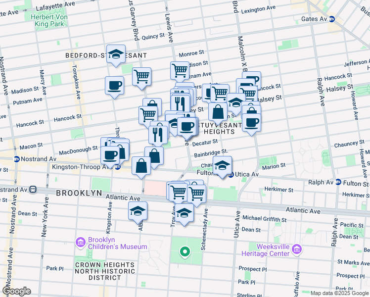 map of restaurants, bars, coffee shops, grocery stores, and more near 418 Lewis Avenue in Brooklyn