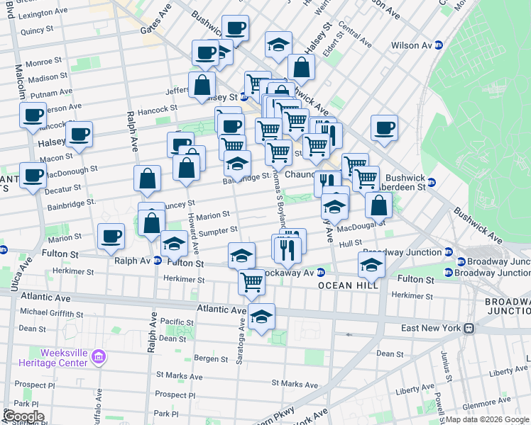 map of restaurants, bars, coffee shops, grocery stores, and more near 356 Marion Street in Brooklyn