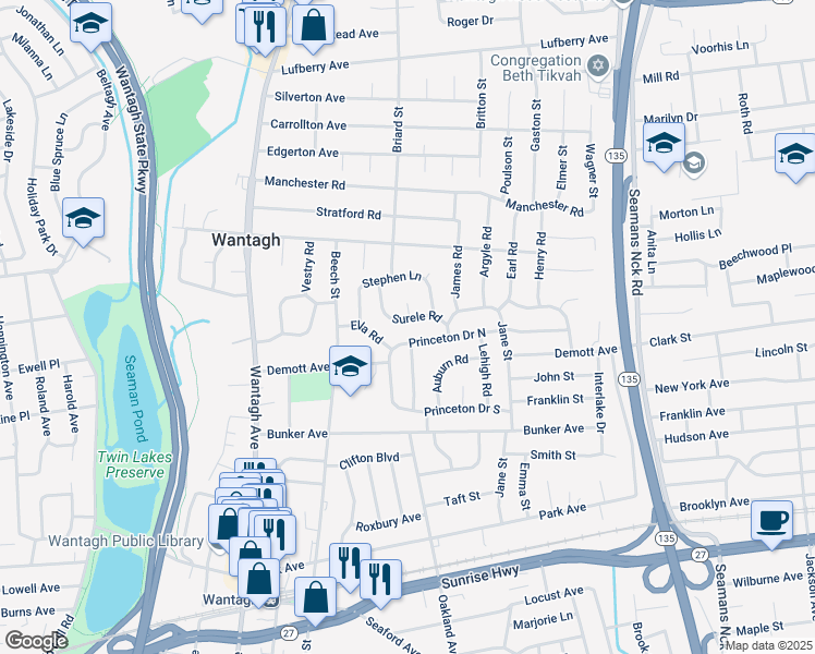map of restaurants, bars, coffee shops, grocery stores, and more near 3560 Stephen Lane in Wantagh