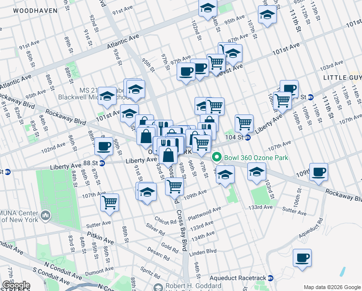 map of restaurants, bars, coffee shops, grocery stores, and more near 103-37 96th Street in Queens