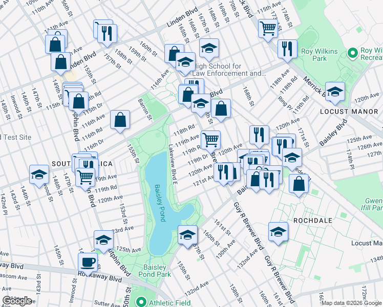 map of restaurants, bars, coffee shops, grocery stores, and more near 119-10 Long Street in Queens