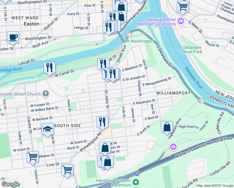 map of restaurants, bars, coffee shops, grocery stores, and more near 123 West Wilkes Barre Street in Easton