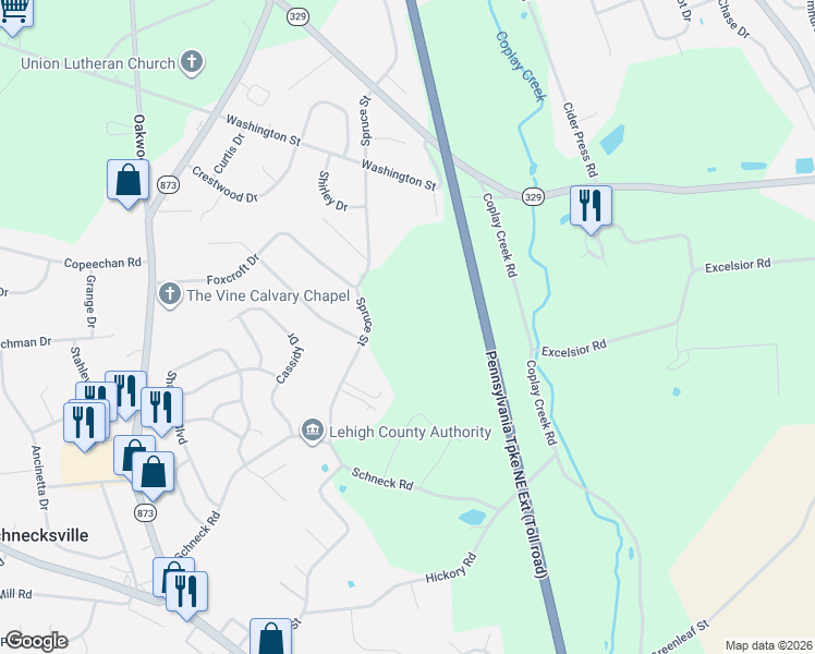 map of restaurants, bars, coffee shops, grocery stores, and more near 5147 Spruce Street in Schnecksville
