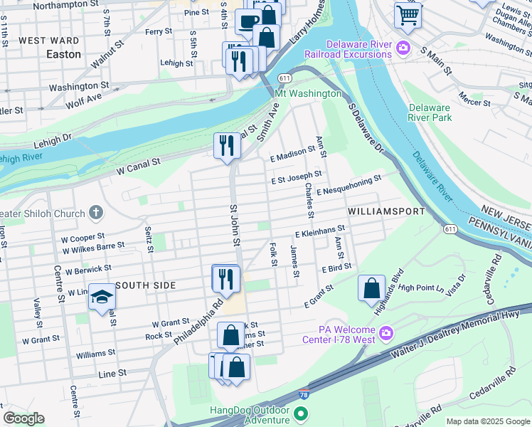 map of restaurants, bars, coffee shops, grocery stores, and more near 323 Folk Street in Easton