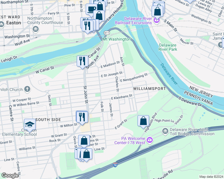map of restaurants, bars, coffee shops, grocery stores, and more near 162 West Wilkes Barre Street in Easton