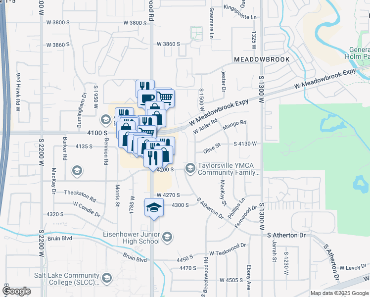 map of restaurants, bars, coffee shops, grocery stores, and more near 4138 South Oak Meadows Drive in Taylorsville