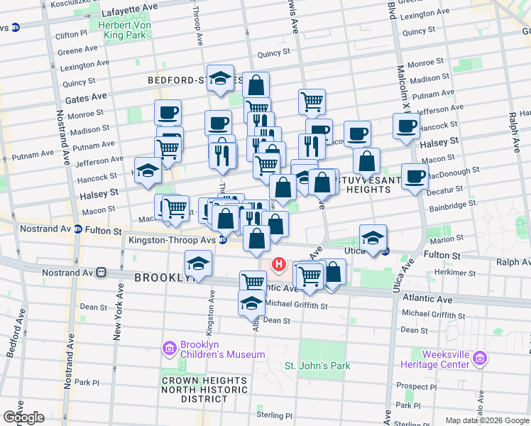 map of restaurants, bars, coffee shops, grocery stores, and more near 460 Marcus Garvey Boulevard in Brooklyn