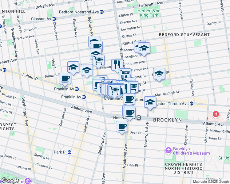 map of restaurants, bars, coffee shops, grocery stores, and more near 18 Arlington Place in Brooklyn