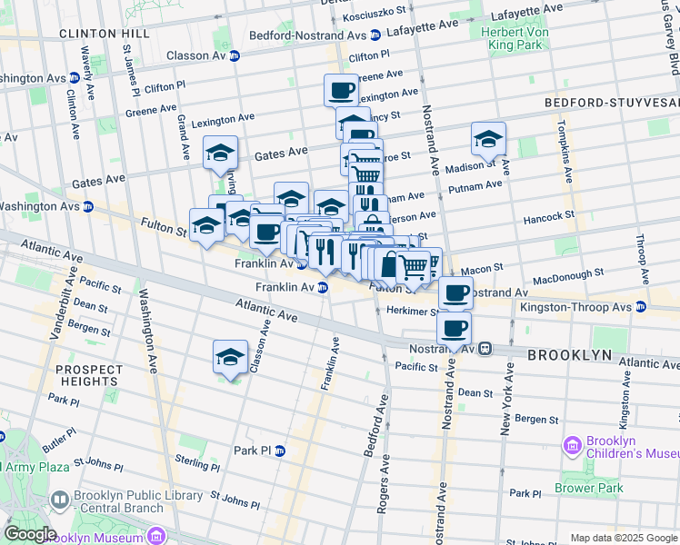 map of restaurants, bars, coffee shops, grocery stores, and more near 1165 Fulton Street in Brooklyn