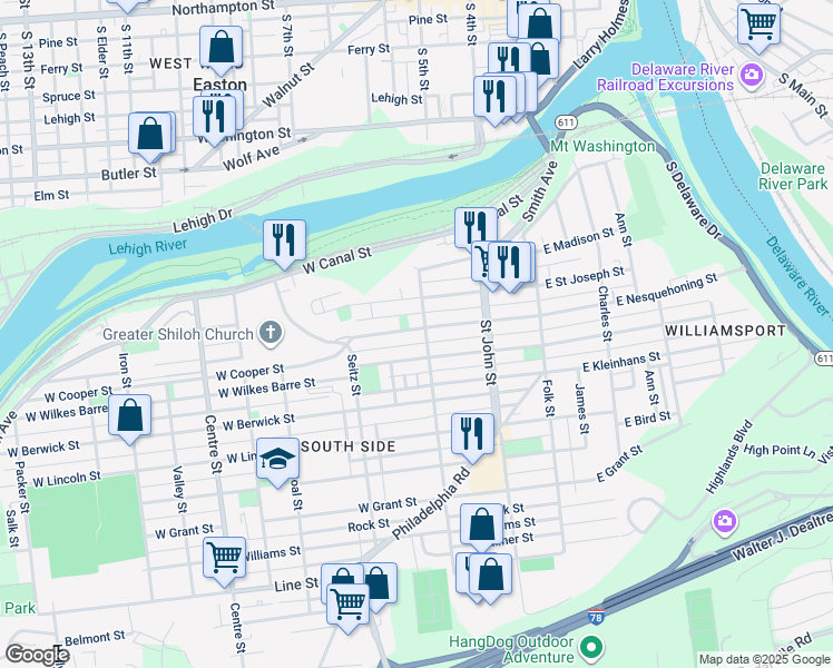 map of restaurants, bars, coffee shops, grocery stores, and more near 310 West Nesquehoning Street in Easton