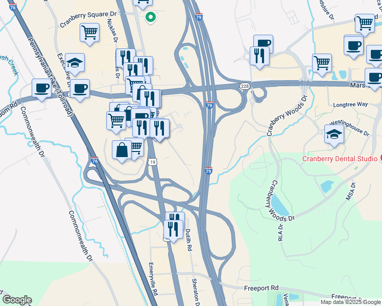 map of restaurants, bars, coffee shops, grocery stores, and more near 1267 Norberry Court in Cranberry Township
