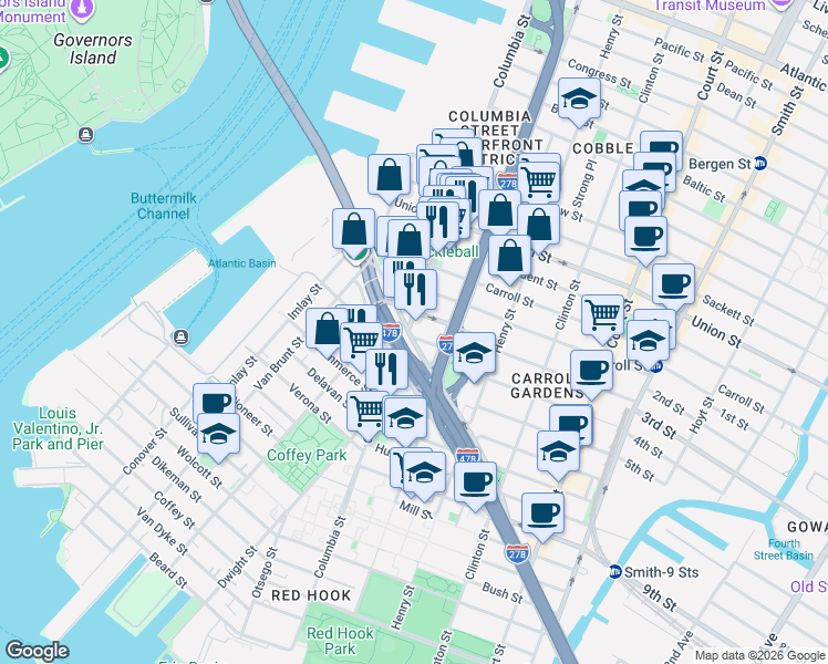 map of restaurants, bars, coffee shops, grocery stores, and more near 323 Columbia Street in Brooklyn