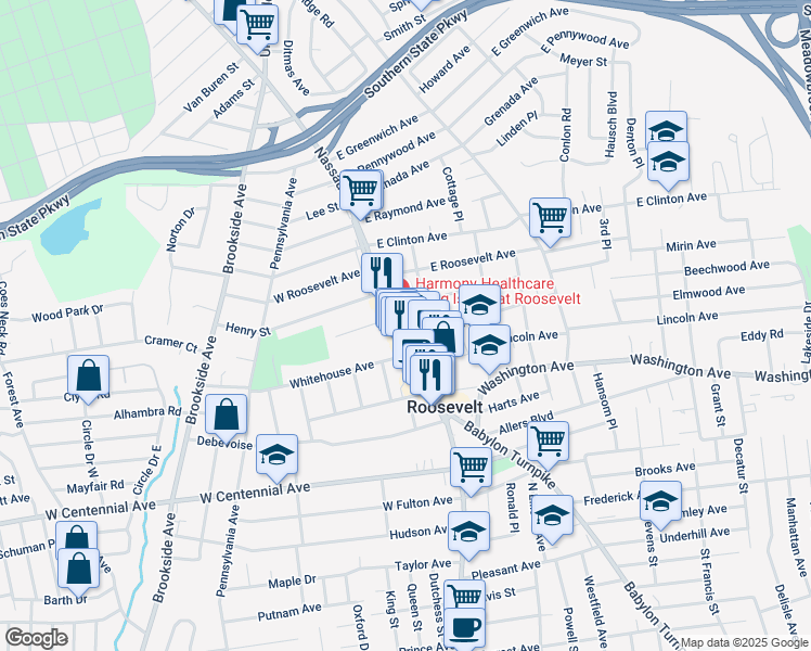 map of restaurants, bars, coffee shops, grocery stores, and more near 11 Anna Avenue in Roosevelt