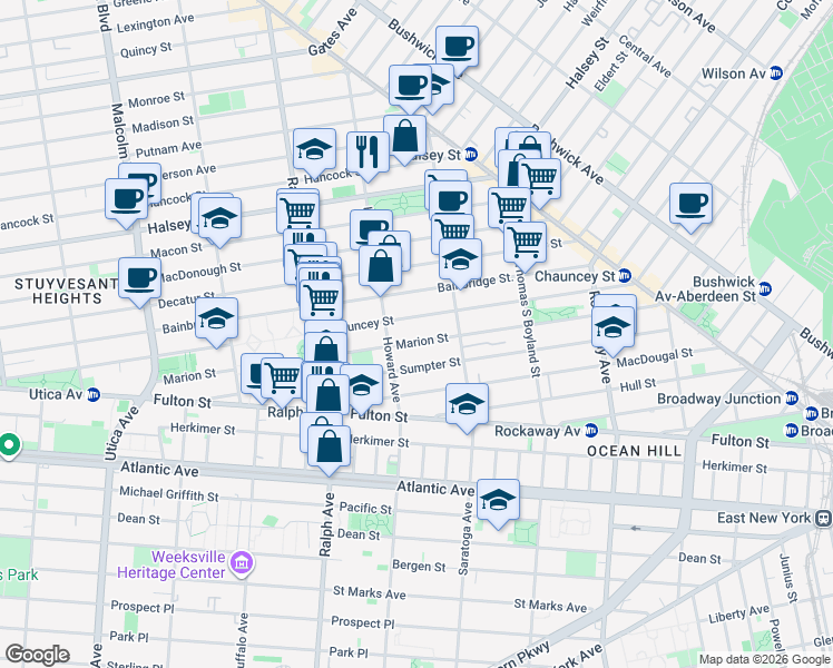 map of restaurants, bars, coffee shops, grocery stores, and more near 346A Chauncey Street in Brooklyn