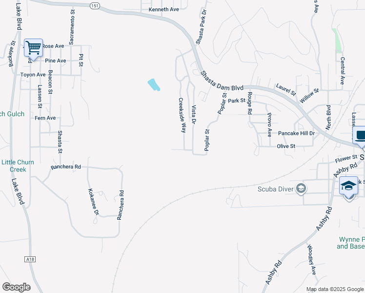 map of restaurants, bars, coffee shops, grocery stores, and more near 3304 Shasta Dam Boulevard in Shasta Lake