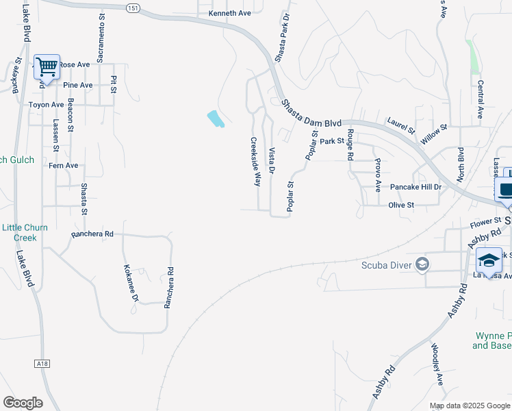 map of restaurants, bars, coffee shops, grocery stores, and more near 166 Creekside Way in Shasta Lake