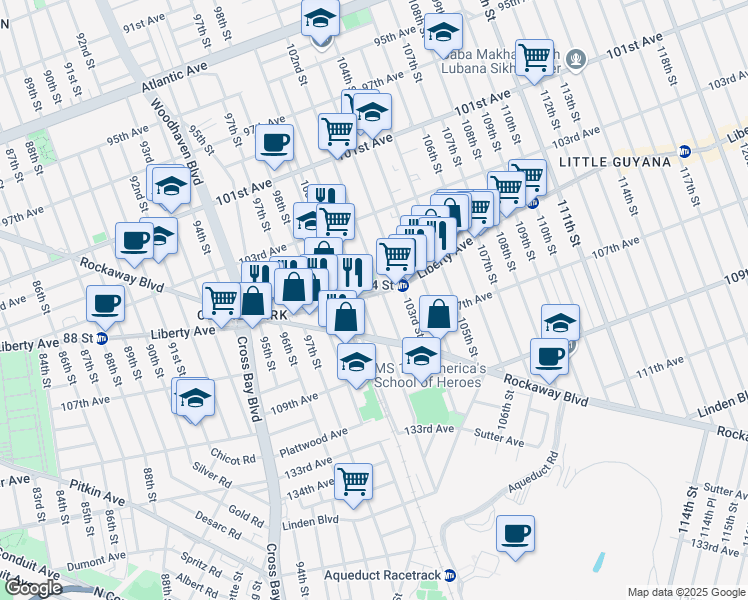 map of restaurants, bars, coffee shops, grocery stores, and more near 101-12 Liberty Avenue in Queens