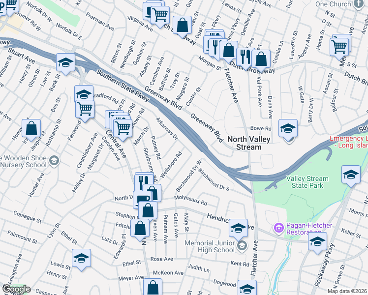 map of restaurants, bars, coffee shops, grocery stores, and more near 1031 Wellsboro Road in Valley Stream