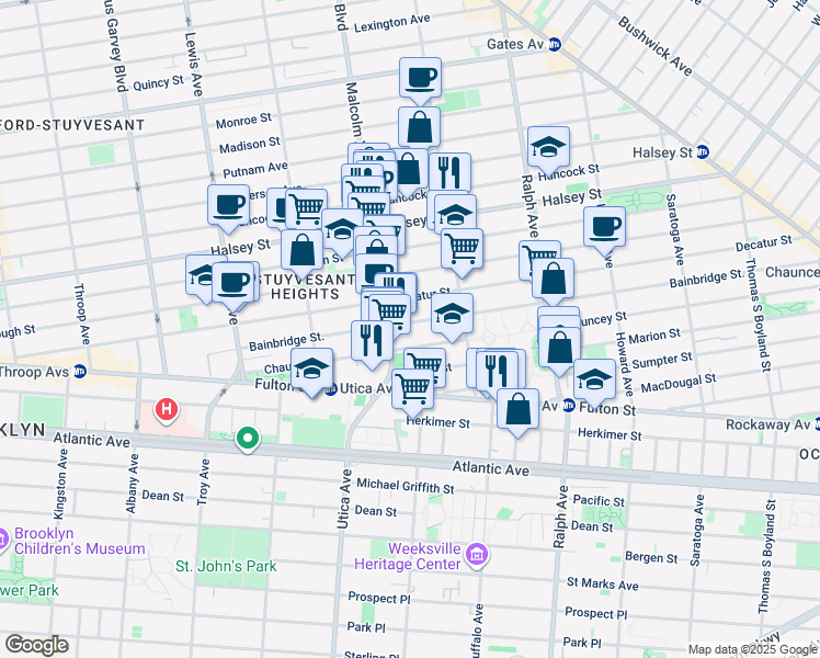 map of restaurants, bars, coffee shops, grocery stores, and more near 224 Bainbridge Street in Brooklyn