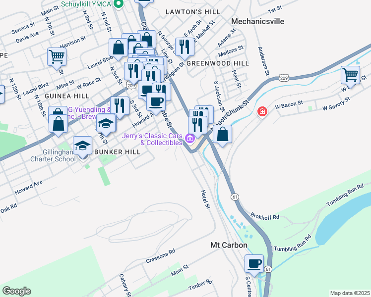 map of restaurants, bars, coffee shops, grocery stores, and more near 383 North Centre Street in Pottsville