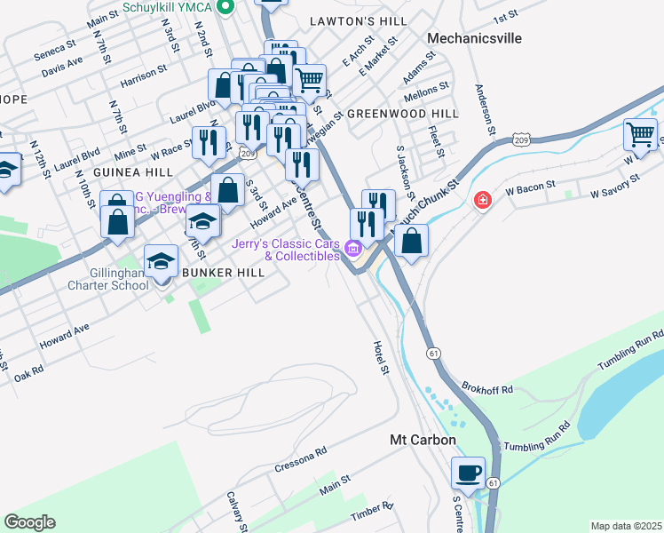 map of restaurants, bars, coffee shops, grocery stores, and more near 379 Hotel Street in Pottsville