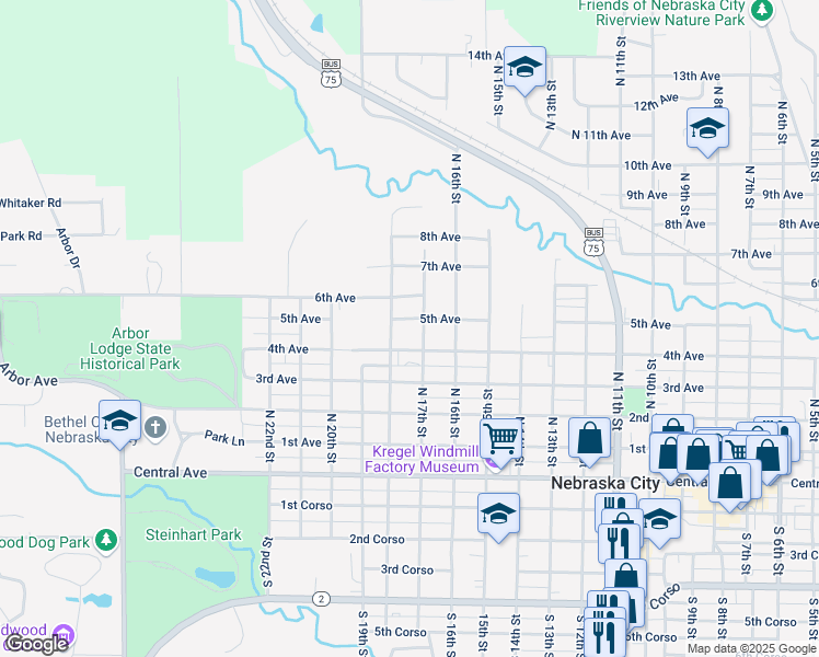map of restaurants, bars, coffee shops, grocery stores, and more near 1702 5th Avenue in Nebraska City