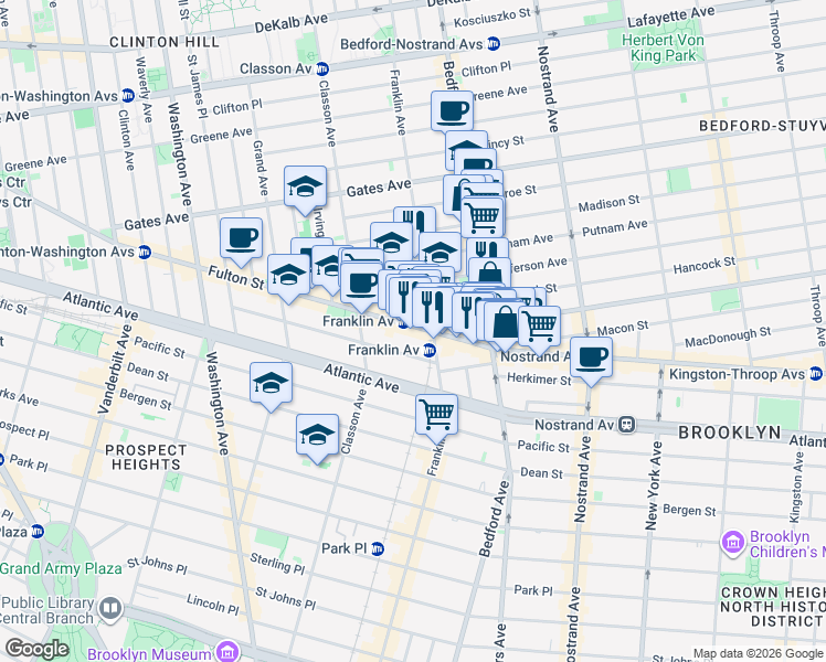 map of restaurants, bars, coffee shops, grocery stores, and more near 1138 Fulton Street in Brooklyn