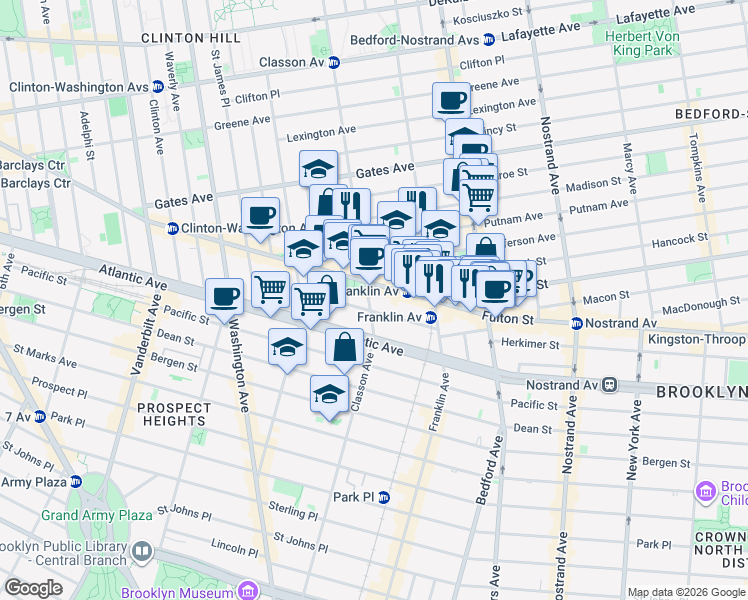 map of restaurants, bars, coffee shops, grocery stores, and more near 1082 Fulton Street in Brooklyn